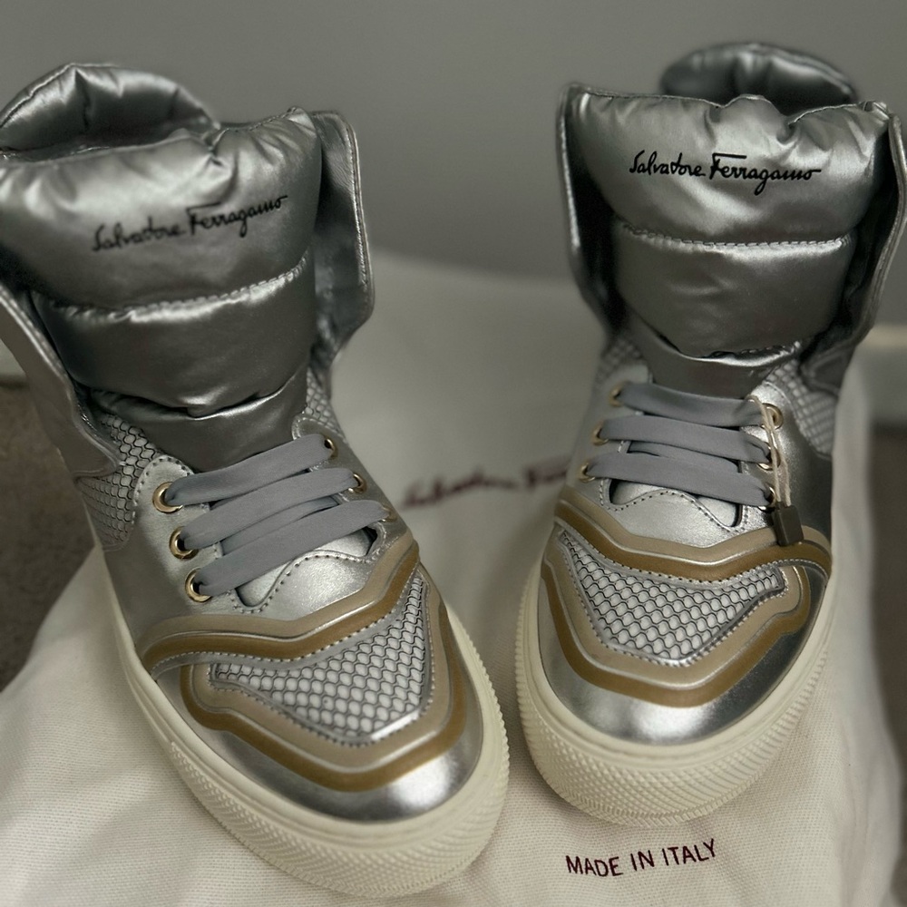 Salvatore Ferragamo Silver and Gold High-Top Sneakers